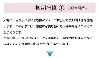 初期研修1(研修開始)入社2日目からいよいよ複数のステップに分かれた初期研修を開始します。この研修では、業務に必要な様々なスキルを身につけることができます。美容知識、化粧品知識やトークスキルなど、将来的にも活用できる内容ですので今後のスキルアップにも役立ちます。