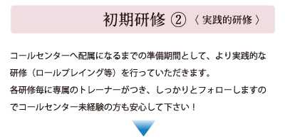 初期研修2(実践的研修)コールセンターへ配属になるまでの準備期間として、より実践的な研修(ロールプレイング等)を行っていただきます。各研修毎に専属のトレーナーがつき、しっかりとフォローしますのでコールセンター未経験の方も安心して下さい！